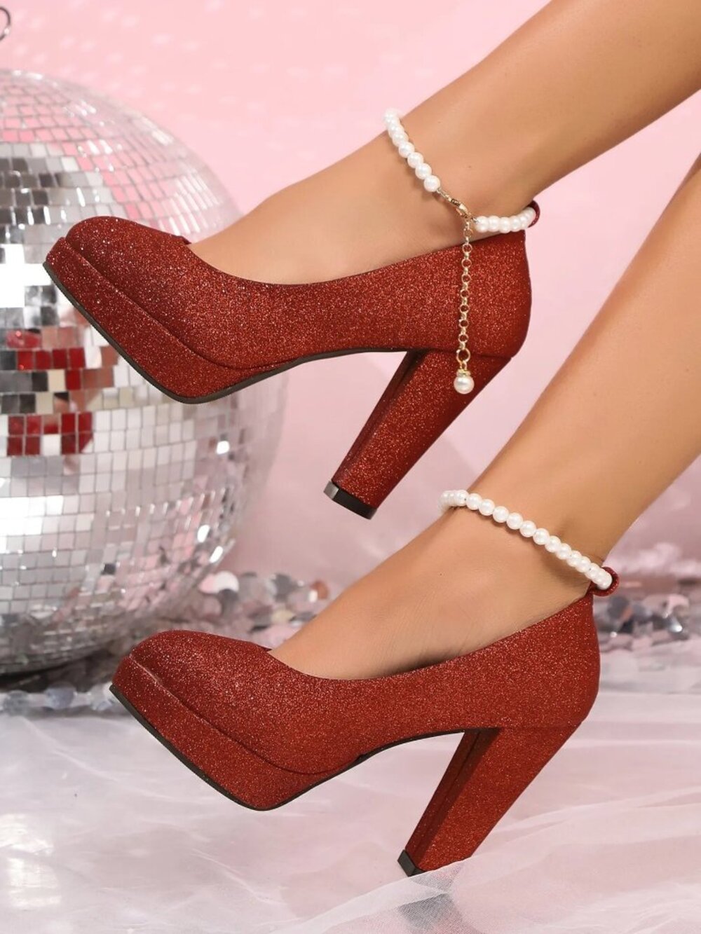Pearl Ankle Sparking Glitter Platform Heels Round Toe Ankle Strap Block Pumps
